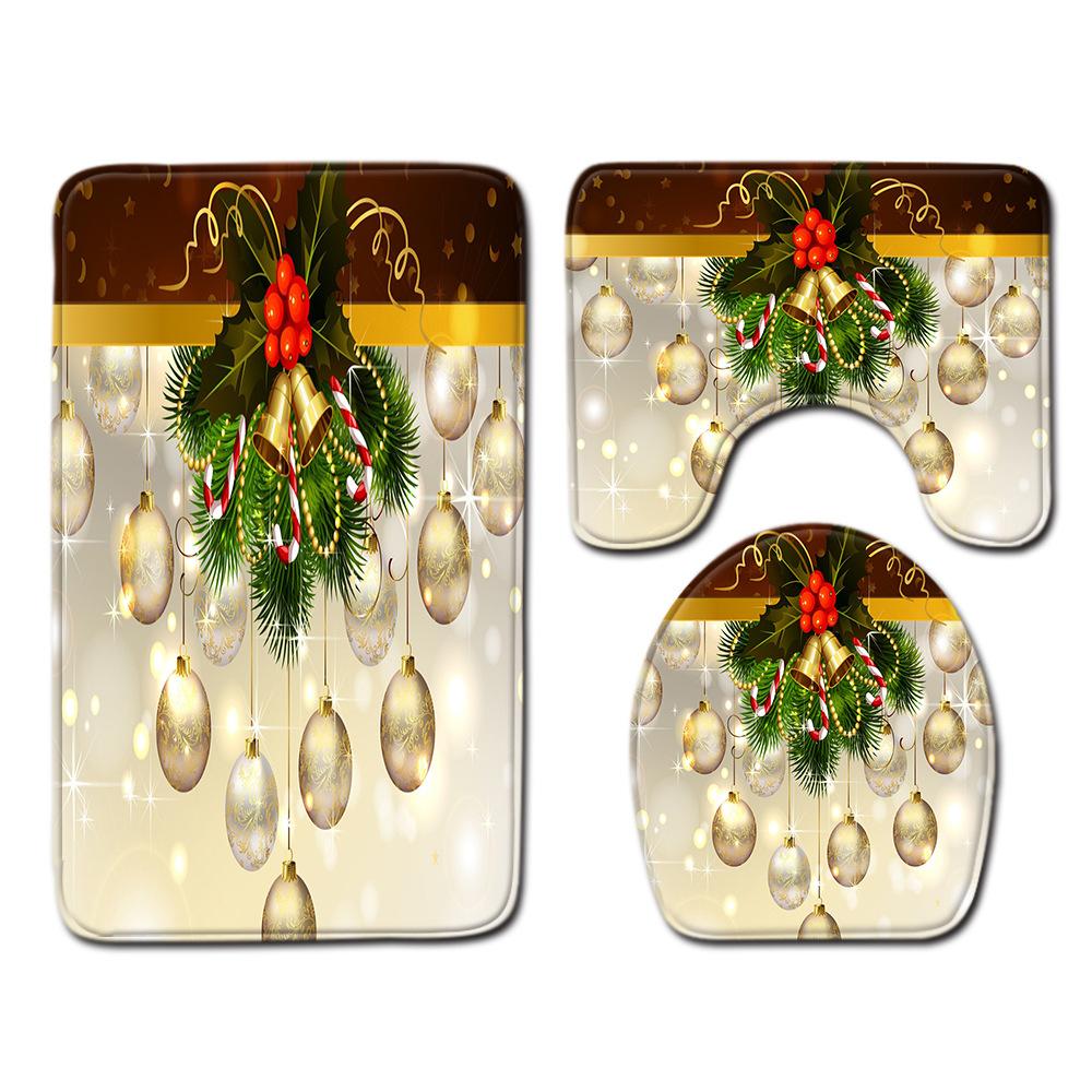 Christmas Shower Curtain Floor Mat Combination Four-Piece Set Bathroom Toilet Carpet Shower Room Mat Foot Mat