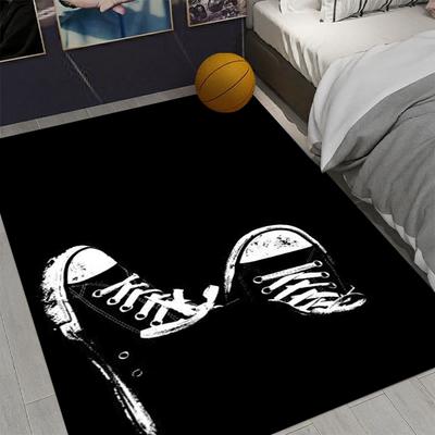 Black and White Sneaker Graphic Area Rug for Boys Bedroom Teen Room Sports Decor Non Slip Floor Mat with Basketball Design