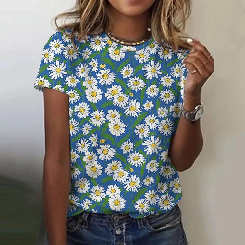 Flower Print t-shirt Women 3d flower Printing O-neck T-shirt Fashion Y2k Clothes Summer Oversized y2k Tshirt Women Clothing TOPS