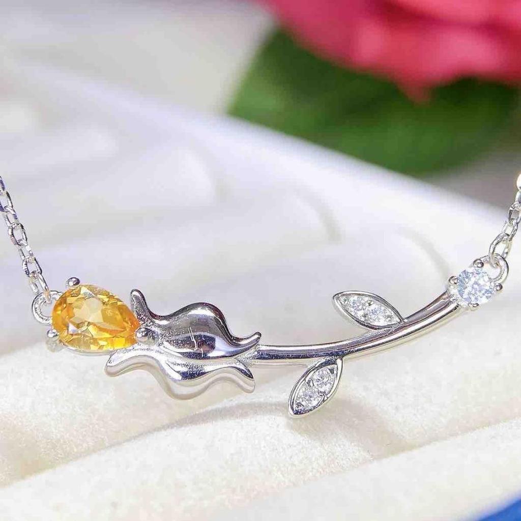 Natural Yellow Crystal Pendant Necklace - S925 Sterling Silver Clavicle Chain for Women
