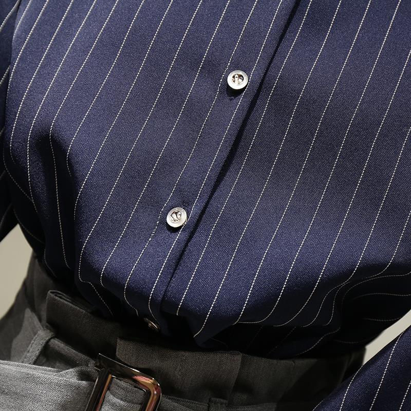 Koreanische Gestreiften Frauen Blusen Casual Elegante Chic Laterne Hülse Mit Drei Vierteln Shirts Büro Weibliche Mode Tops