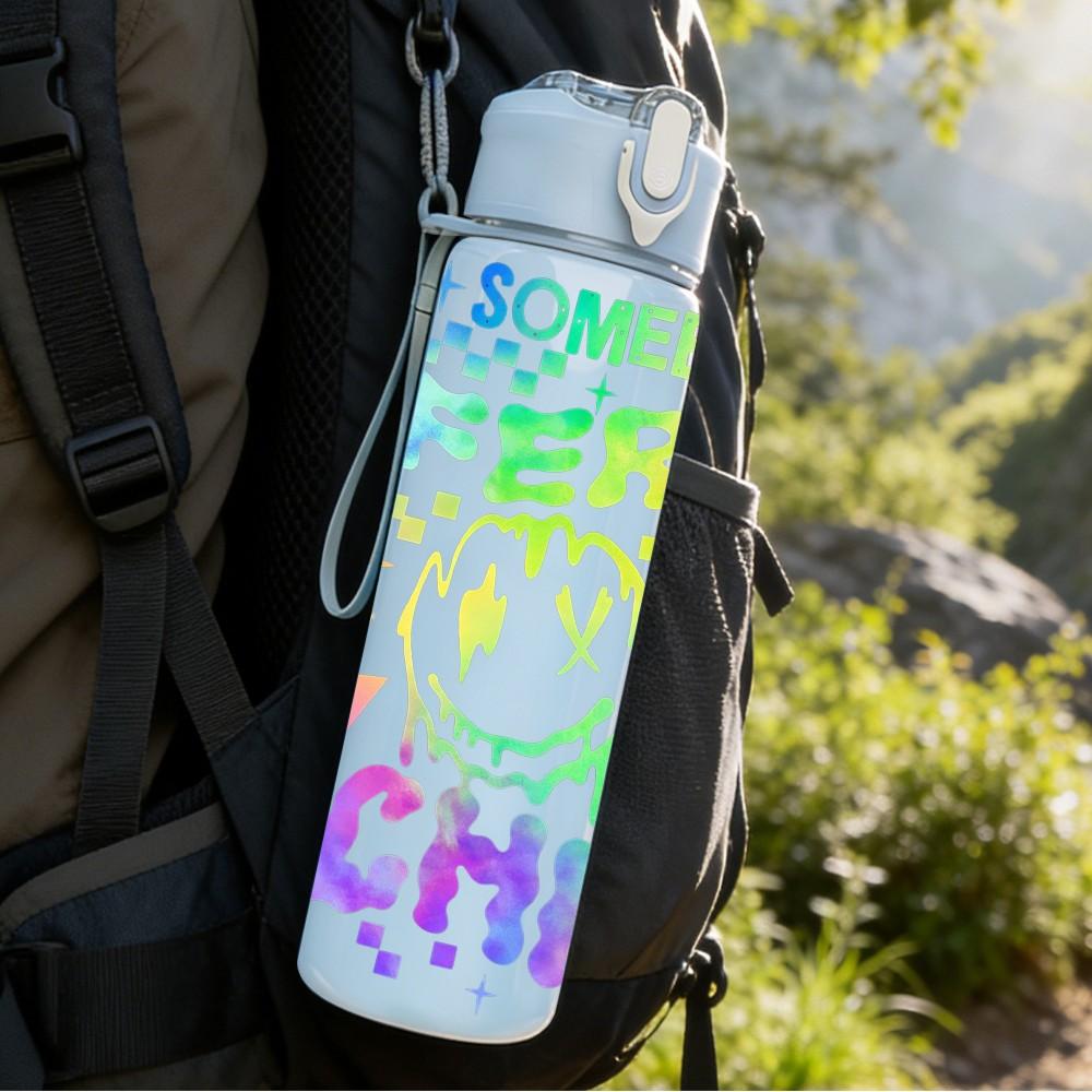 1PC Merry Merry Merry Child Rainbow Print 750ml Color Plastic Sports Water Bottle Leakproof Flip Straw Lid Suitable for Sports Office Home Use