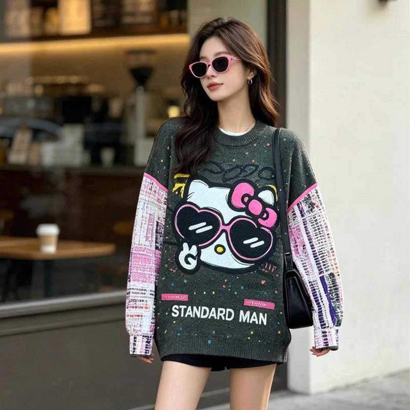 Retro Cartoon Print Loose Sweater - Women's Plus Size Autumn/Winter Knitwear