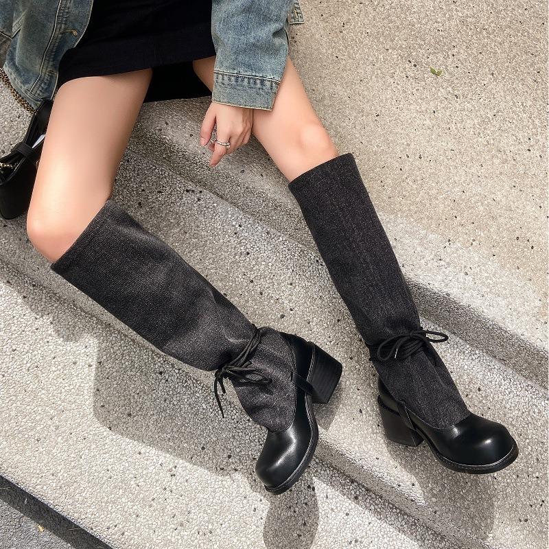 Thick Heel Strap Skinny Big Tube Black Boots Women's New Fashion Spice Girl Long Knight Boots