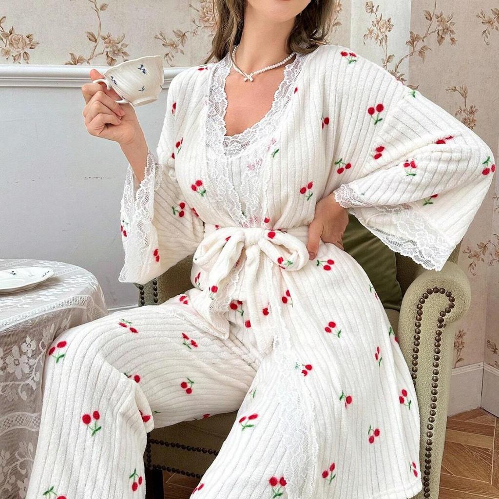 Women's Three-Piece V-Neck Cherry Pajama Set with Lace Trim