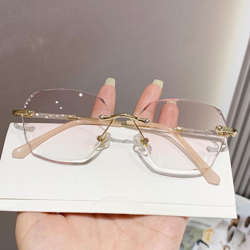 Luxury Pink Color Rimless Reading Glasses Female Square Frame Diamond Cut Presbyopia Anti-blue Far Sight Eyeglasses for Women