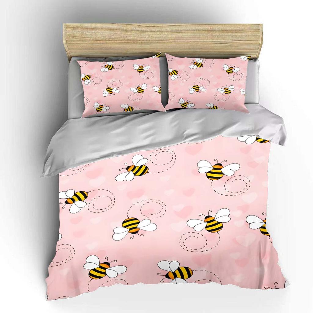Cartoon bees pink background Bedding Set for Kids Luxury Gift 3pcs Digital Print Comforter Set Soft Comfortable Breathable