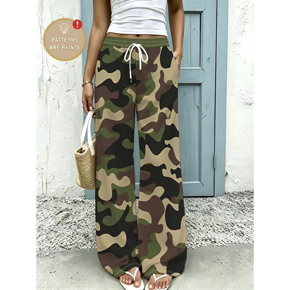 Classic jungle camouflage women's large-size wide-leg pants, simple trendy sports trousers, loose straight-leg trousers