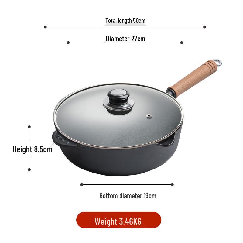ZISIZ Deepened Cast Iron Frying Pan with Wooden Handle