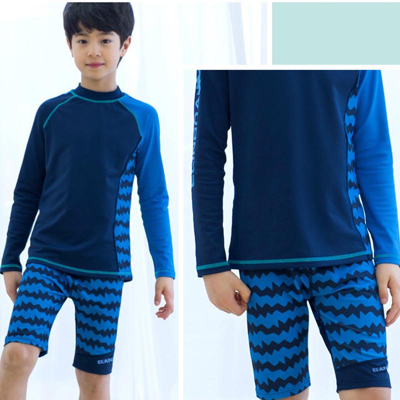 Boys' Blue Quick-Dry Korean Style Long-Sleeve Sun Protection Swimwear Set with Cap, Plus Size