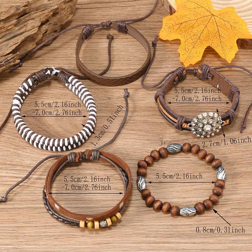 Leather Bracelets for Men Women Handmade Wrap Woven Cuff Bracelets Wooden Beaded Bracelets Vintage Ethnic Tribal Wristbands Bracelet Set Adjustable