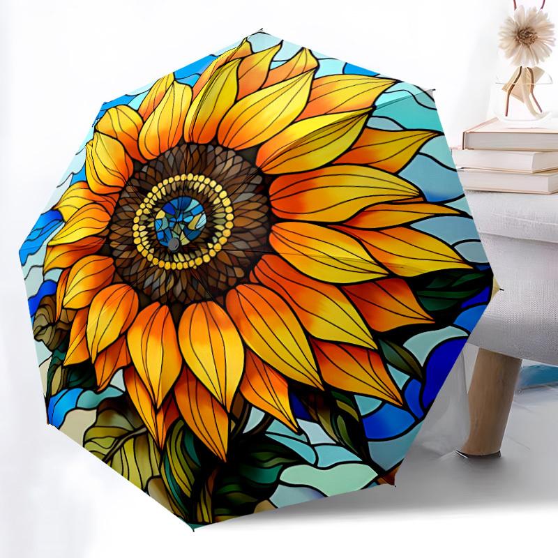 1pc Sunflower StainedGlass Automatic Folding Umbrella, Lightweight Retractable Compact Travel Umbrella, 8-Rib Sturdy Frame100