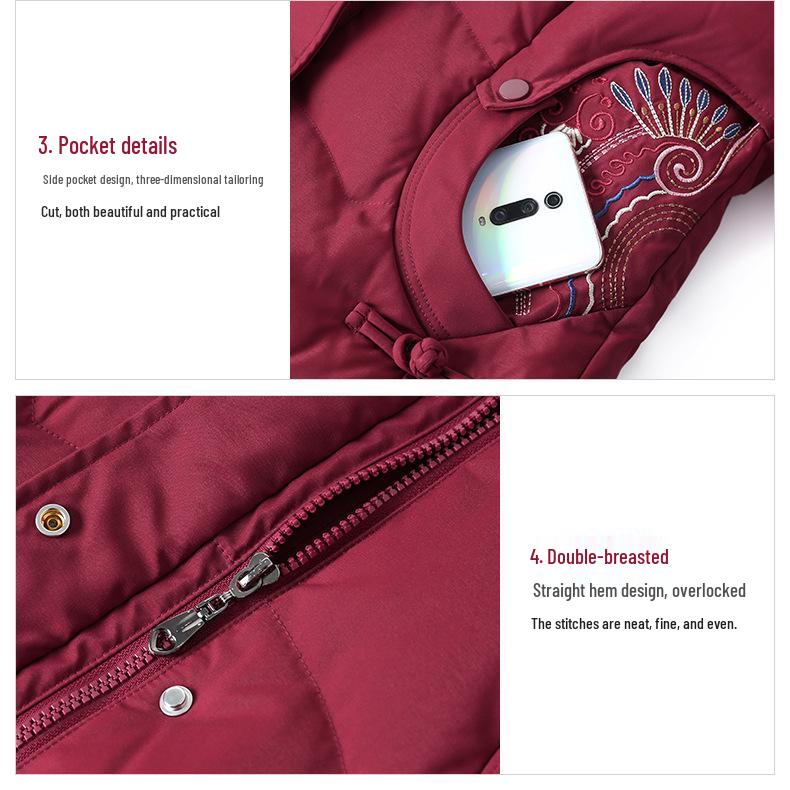 Women's Mid-Length Hooded Winter Down Jacket - Warm Embroidered White Duck Down Coat for Middle-Aged & Elderly
