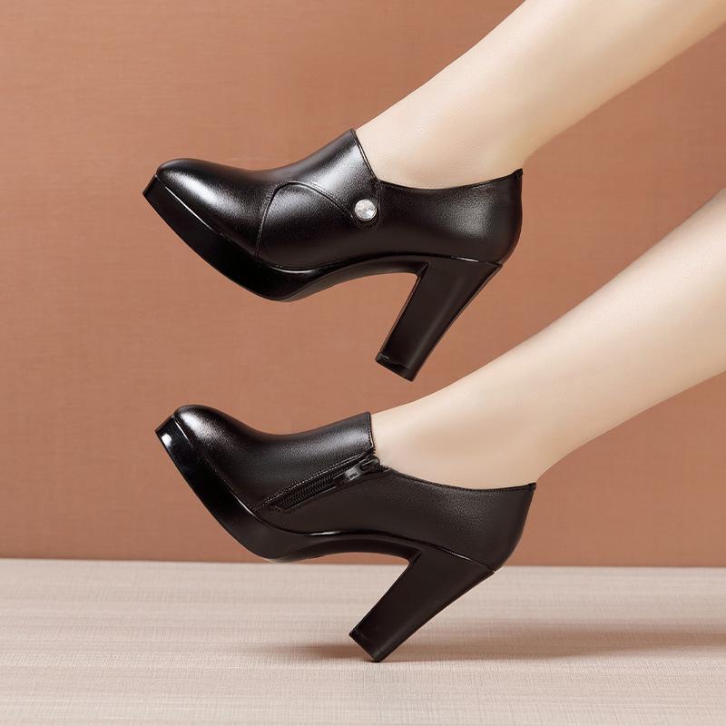 Size 32-43 Women's High Heels Shoes Genuine Leather Platform Black Work Shoes Woman Pointed Thick Heel Deep Mouth Casual Pump