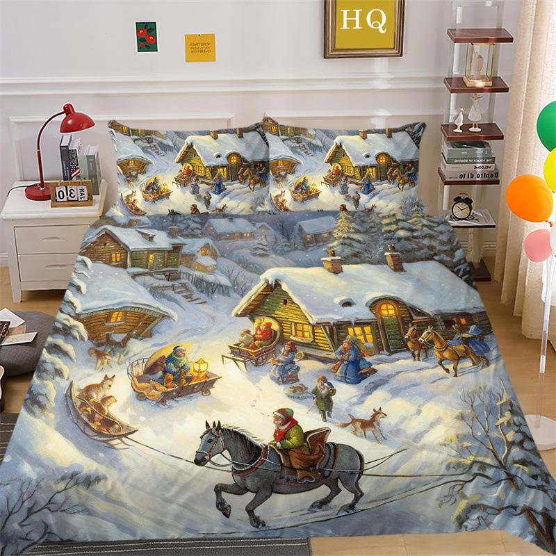 Christmas Snow Scene 3D Printed Polyester Pillowcase Quilt Cover Two Or Three Piece Set