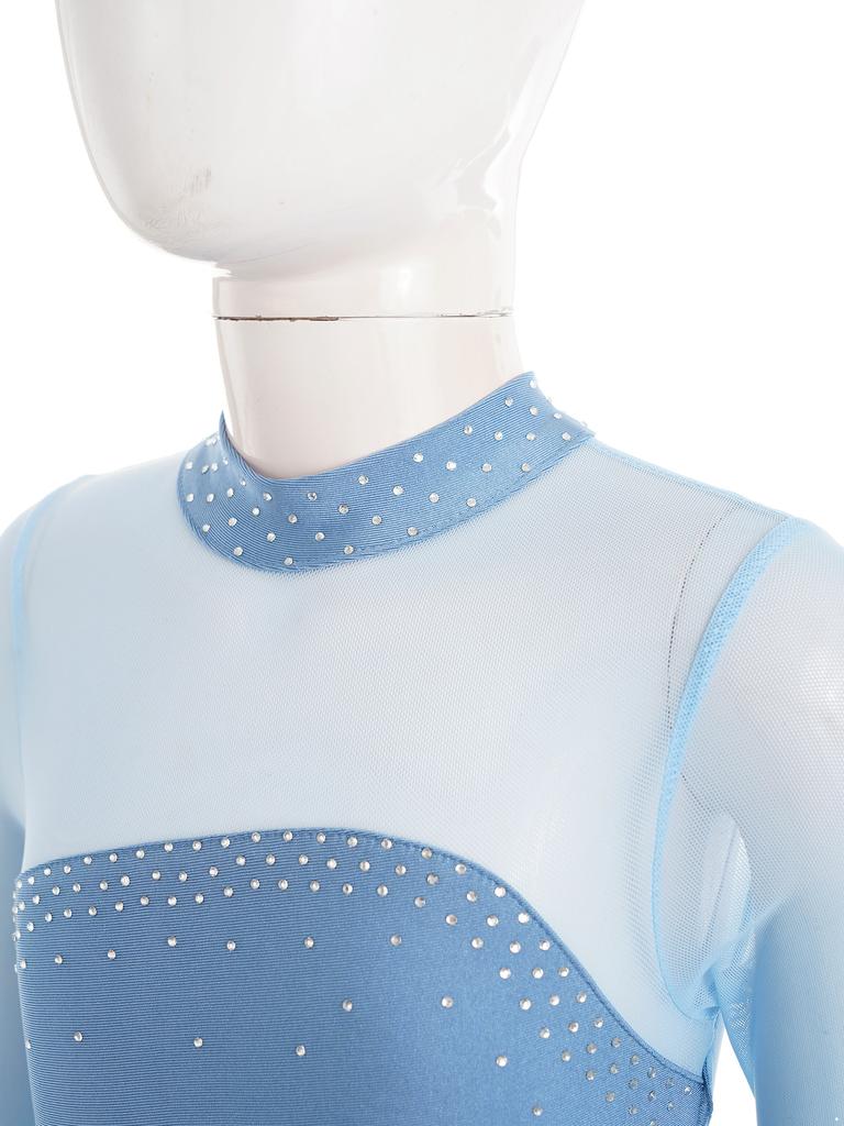 Girls Sparkling Mesh Dance Dress Long Sleeve Keyhole Back Leotard for Ice Skating Ballet Costume