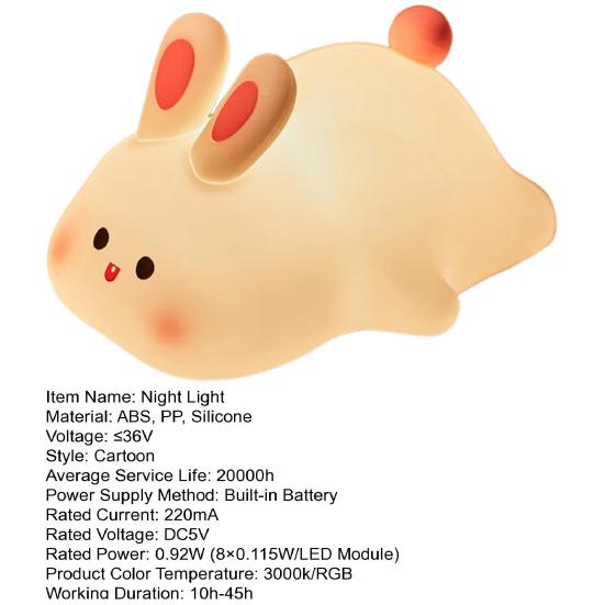 Ztlumitelné noční světlo králíček, noční lampička králíček se senzorem na dotyk, 3 úrovně jasu, dobíjecí stolní lampička králíček pro dětskou a dospělou ložnici