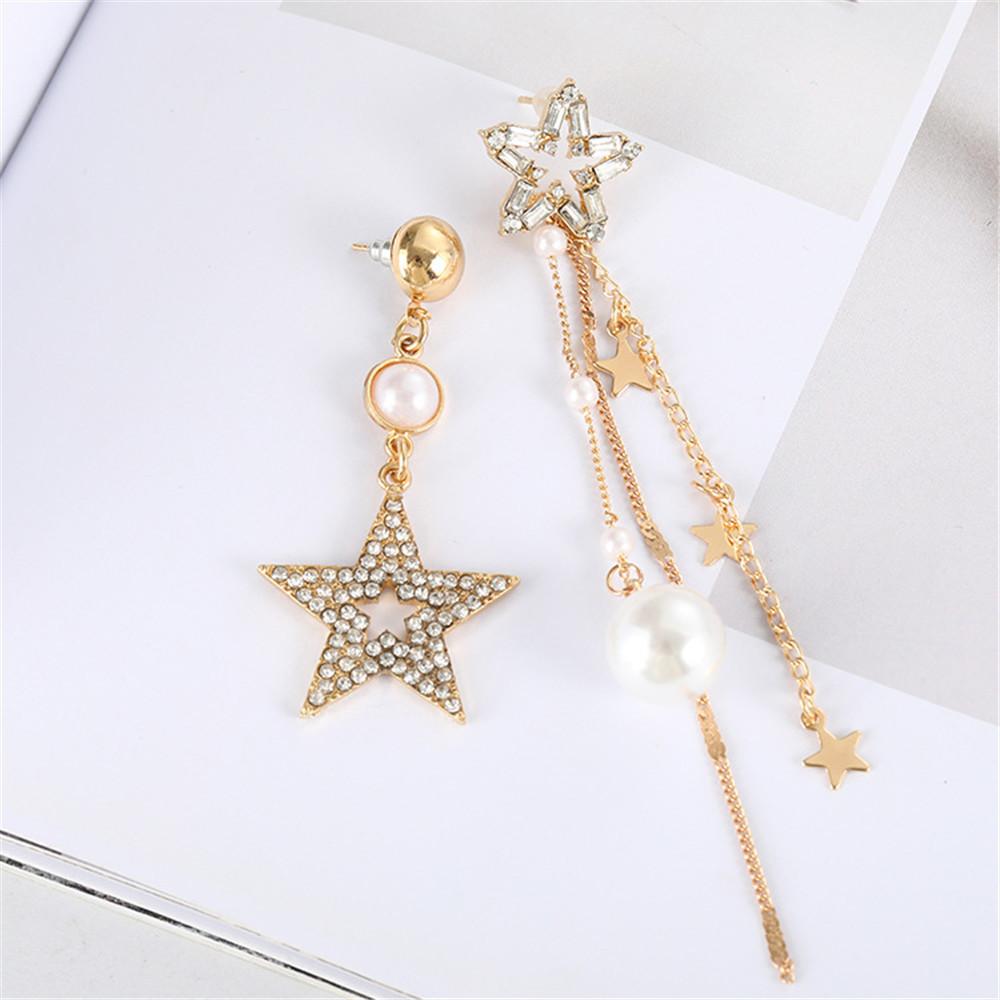 

Асимметричные серьги со звездами из сверкающего циркона, серьги темперамент с длинной бахромой, серьги-гвоздики с корейским хрустальным жемчугом. золотой
