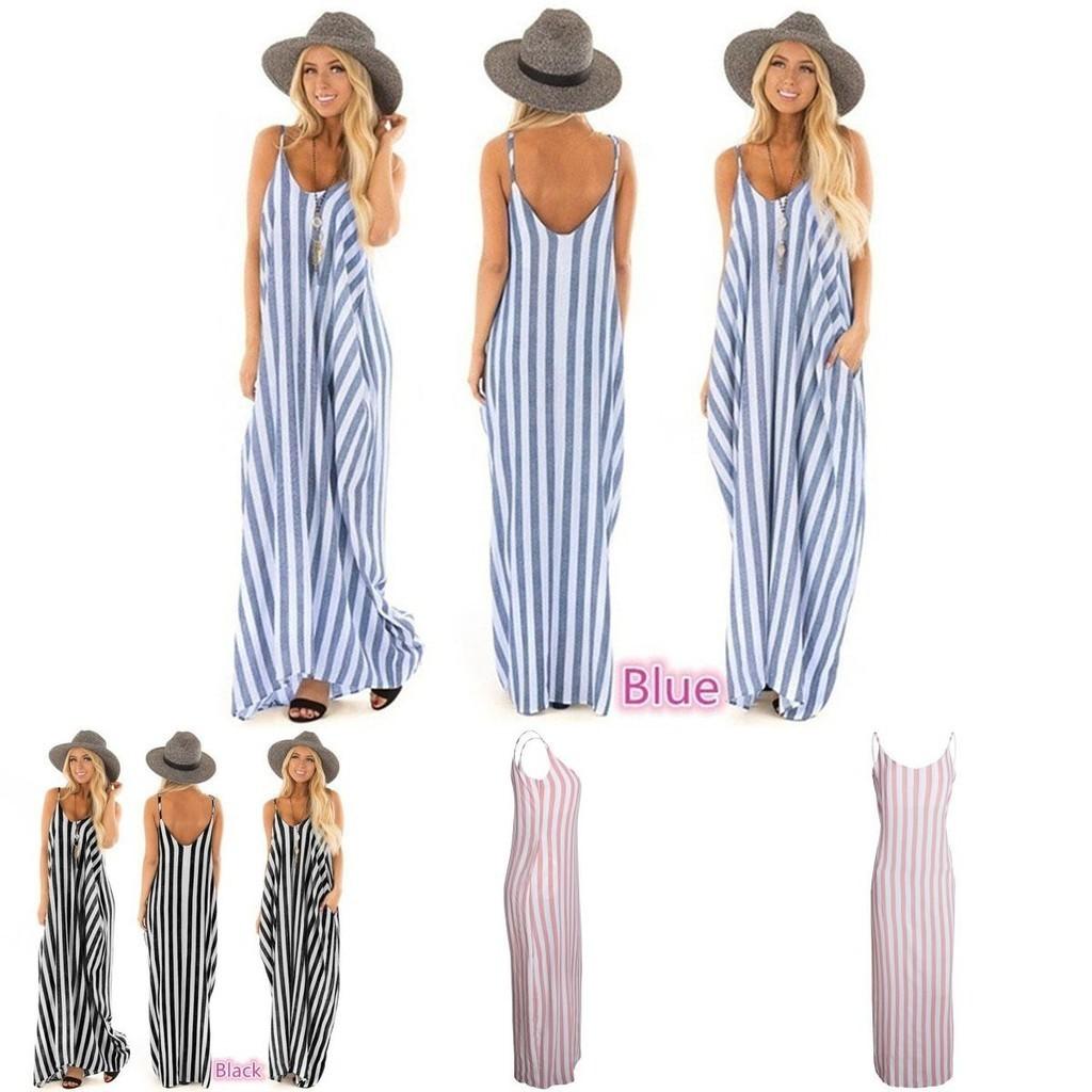 Comfortable And Oversized Women Summer Striped Long Maxi Dress For Casual Beach Days