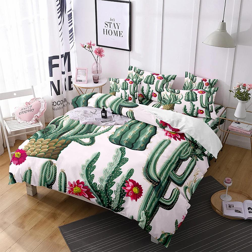 Cartoon Cactus King Queen Duvet Cover Succulent Plants Bedding Set For Adults Green Tropical Desert Plants Polyester Quilt Cover