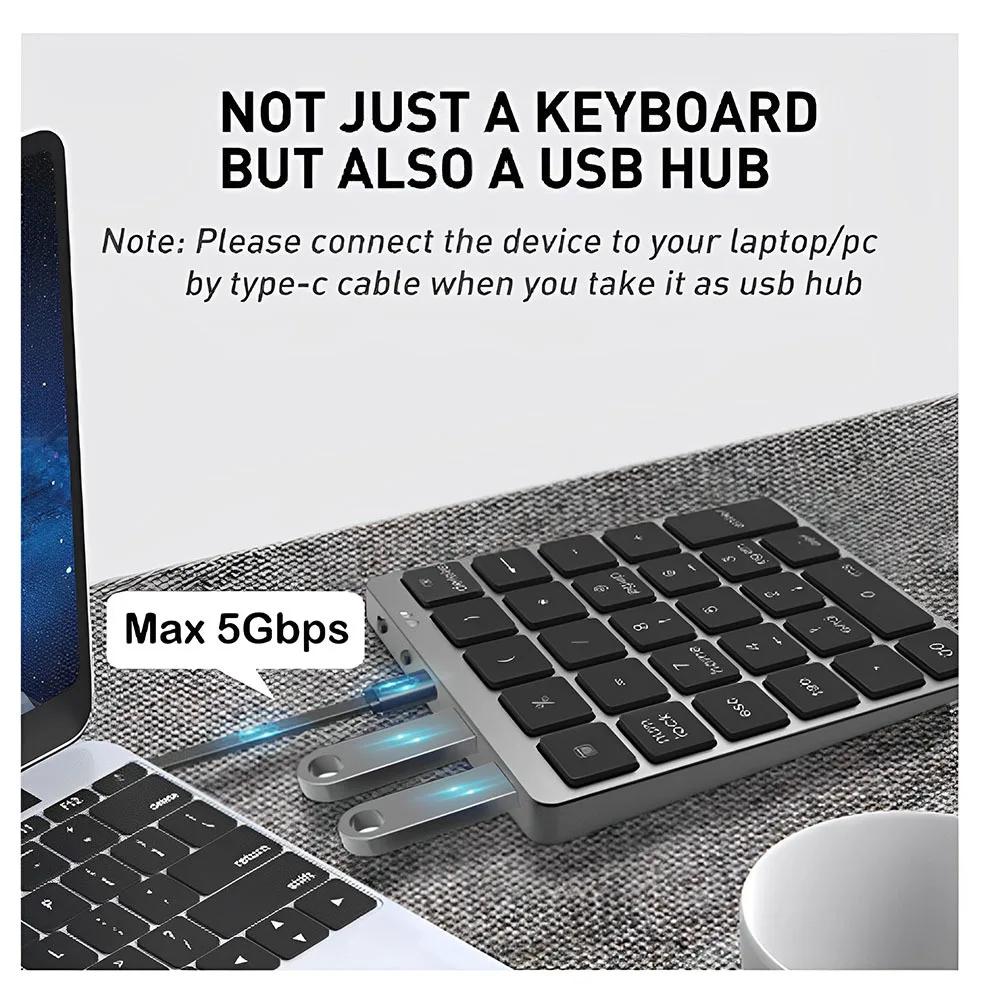 Tastatură numerică Bluetooth fără fir cu HUB USB Tastatură numerică reîncărcabilă cu moduri duale pentru tabletă laptop