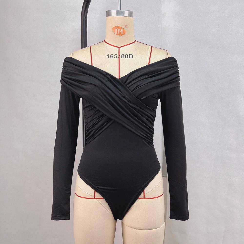 Women's Clothing Sexy Hot Girl Slim Bodysuit Solid Color Fashionable V-neck Off-shoulder Long-sleeved Jumpsuit
