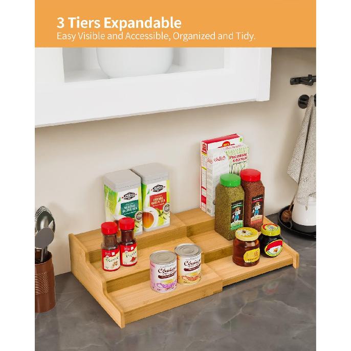 Spice Rack Organizer, 3 Tier Expandable Bamboo Spice Rack Organizer, Great for Kitchen Cabinet, Cupboard, Pantry and More-Bamboo
