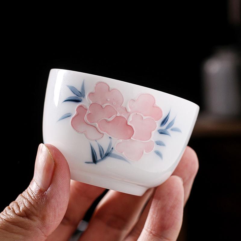 Lamb Fat Jade Hand-Painted Ceramic Gongfu Tea Set with Gaiwan, Tasting, and Host Cups