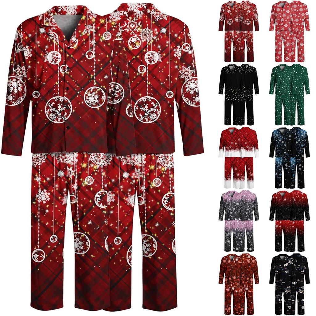 Men's Loose Fit Christmas Print Pajama Set with Button Down Top and Straight Leg Pants - Two Piece Holiday Sleepwear