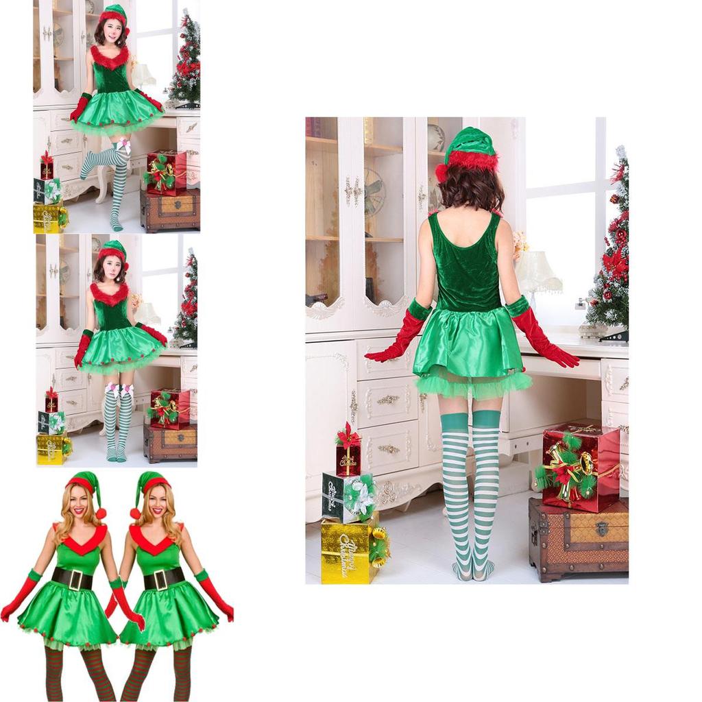 Premium Quality Women's Fashion Sexy Green Christmas Cosplay Elf Costume Dress Set