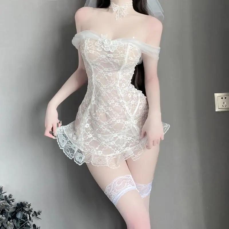 Hot Sexy Damen Dessous Braut Cosplay Hochzeitskleid Transparente Spitzenröcke Sex Party Uniform Exotisches Kostüm Paar Spiel Cos Outfit