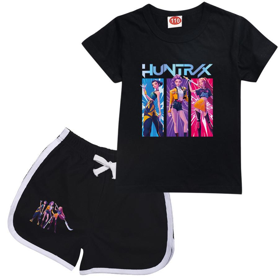 Kids Girls Anime Cartoon POP Singer Rumi Zoey Mira Printed Casual Short Sleeves T-Shirt Shorts Clothes Set