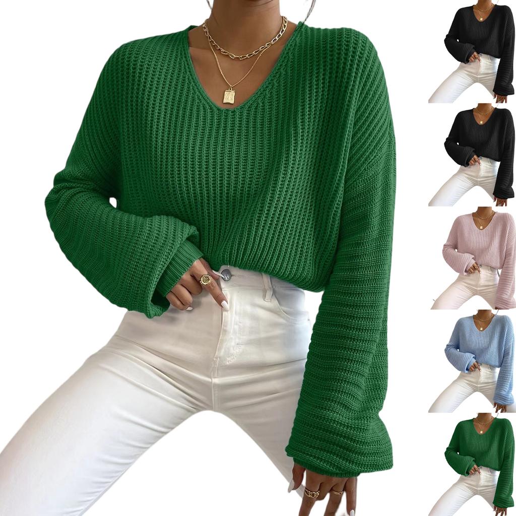 Women's Lazy Style Loose Short V-neck Lntern Long-sleeved Pullover Sweater