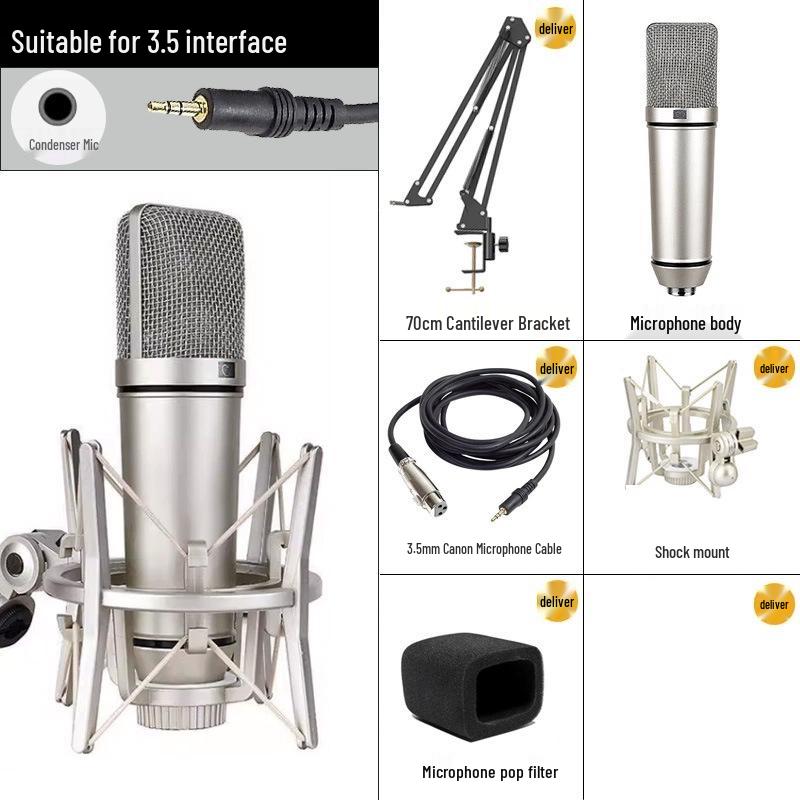 U87 Metal Diaphragm Microphone Set: Live Streaming & Recording Studio Kit with Boom Stand
