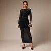 European and American New Round Neck Mesh Stitching Solid Color Slim-fitting Hip-wrapped Pleated Edge Women's Long Group