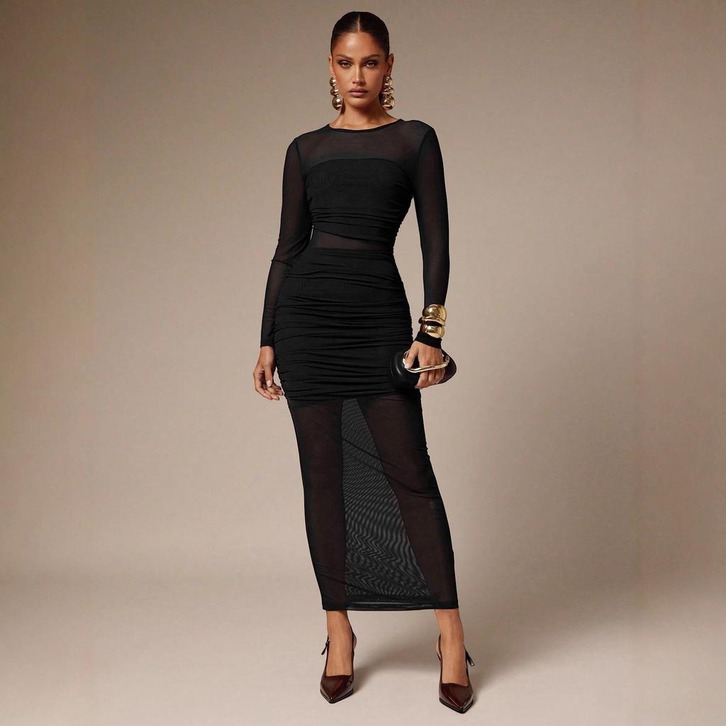 European and American New Round Neck Mesh Stitching Solid Color Slim-fitting Hip-wrapped Pleated Edge Women's Long Group