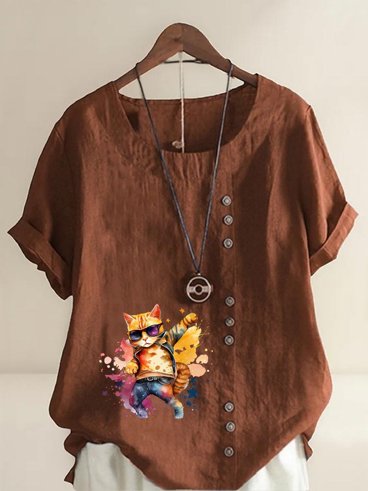 Women's Fashion Cool Cat Print Round Neck Short Sleeve T-shirt Casual Cotton Linen Graphic Shirt Leisure Loose Summer Blouse Tops