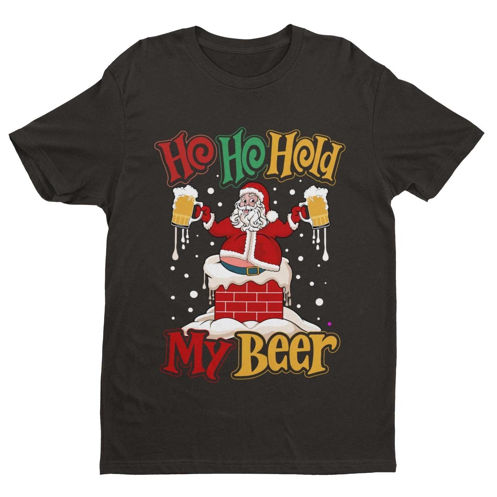 Funny Christmas Santa T Shirt Ho Ho Hold My Beer Gift Idea Xmas Drinking Joke S