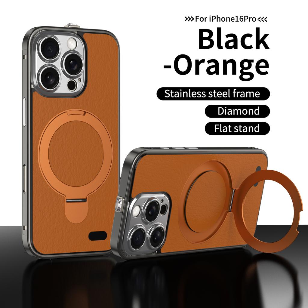 Luxury Aluminum Alloy Leather Magnetic Stand Phone Case For iPhone 16 15 Pro Max Magsafe Wireless Charging Metal Lens Frame Cover