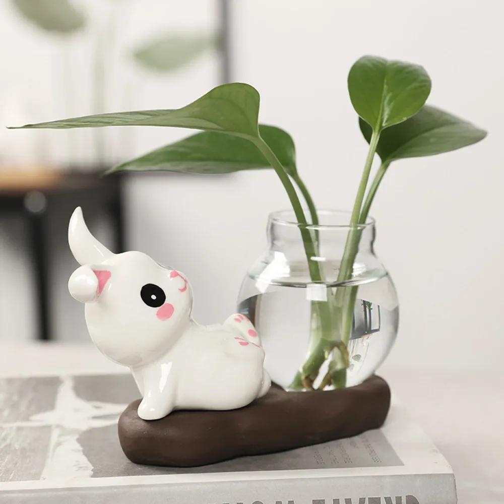 Cute Rabbit Hydroponic Plant Vases Transparent Glass Vase Tabletop Decoration Aquatic Flower Bottle with Wooden Base