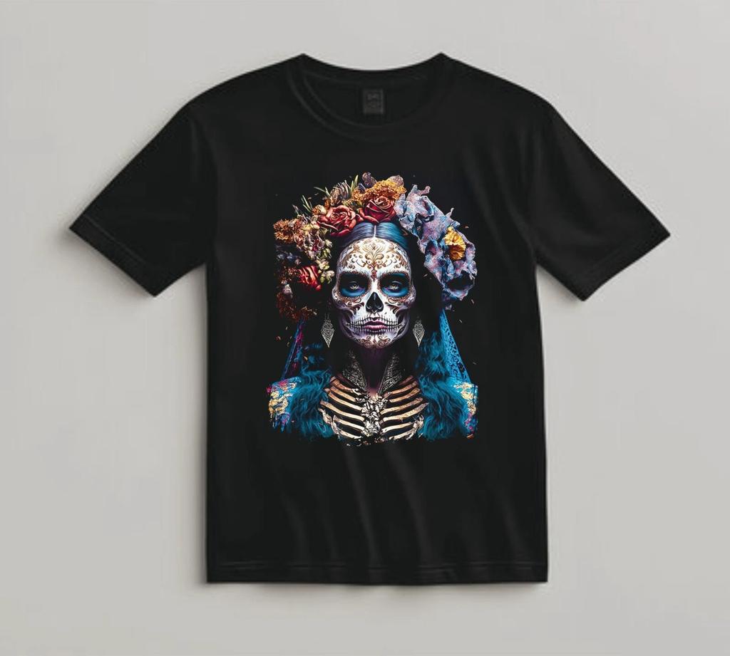 Mens Day of the Dead Shirt Black Tee Skeleton Skull Woman Mexican Art Catrina