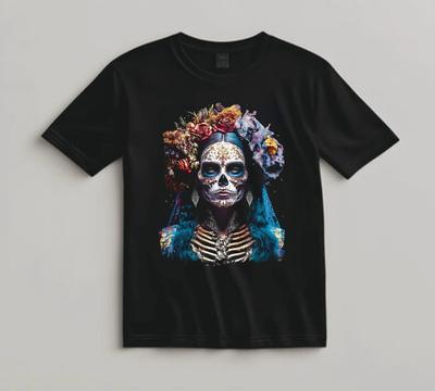 Mens Day of the Dead Shirt Black Tee Skeleton Skull Woman Mexican Art Catrina