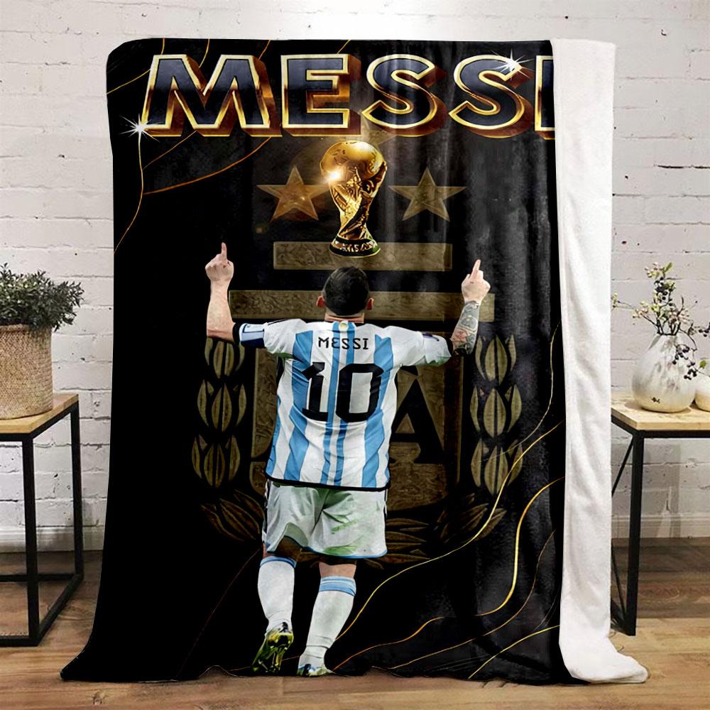 Stripes, Gold Text, Trophy, Player Celebrating In Argentina Jersey. for All Seasons Blanket Lunch Break Throw Gift