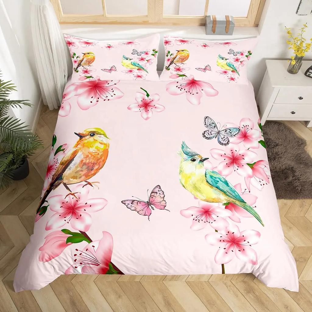 Cute Birds Duvet Cover King Size Pink Peach Flower Bedding Set Polyester Bird Butterfly Wild Animal Comforter Cover For Boy Girl