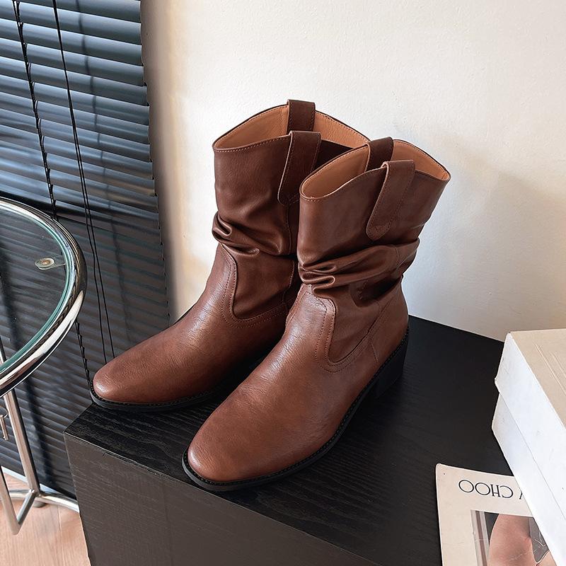 Knight boots women's 2025 new long tube thick heel Maillard brown tall boots retro suede pleated pile boots