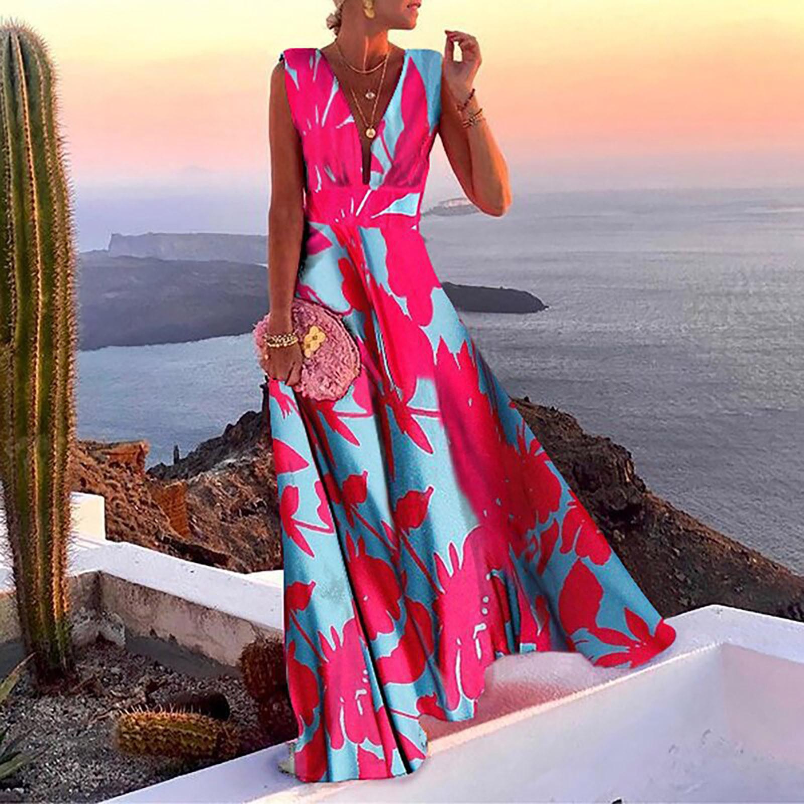 

Women s Fashion Casual V-Neck Printed Sleeveless Medium Waist Fragrant French Dress XL