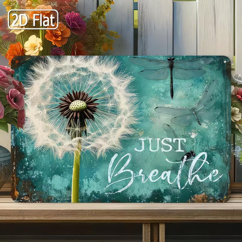 Tin Sign Just Breathe Dandelion Quote Wall Art Vintage Teal Green Floral Metal Poster for Living Room Bedroom Office Decor Ret