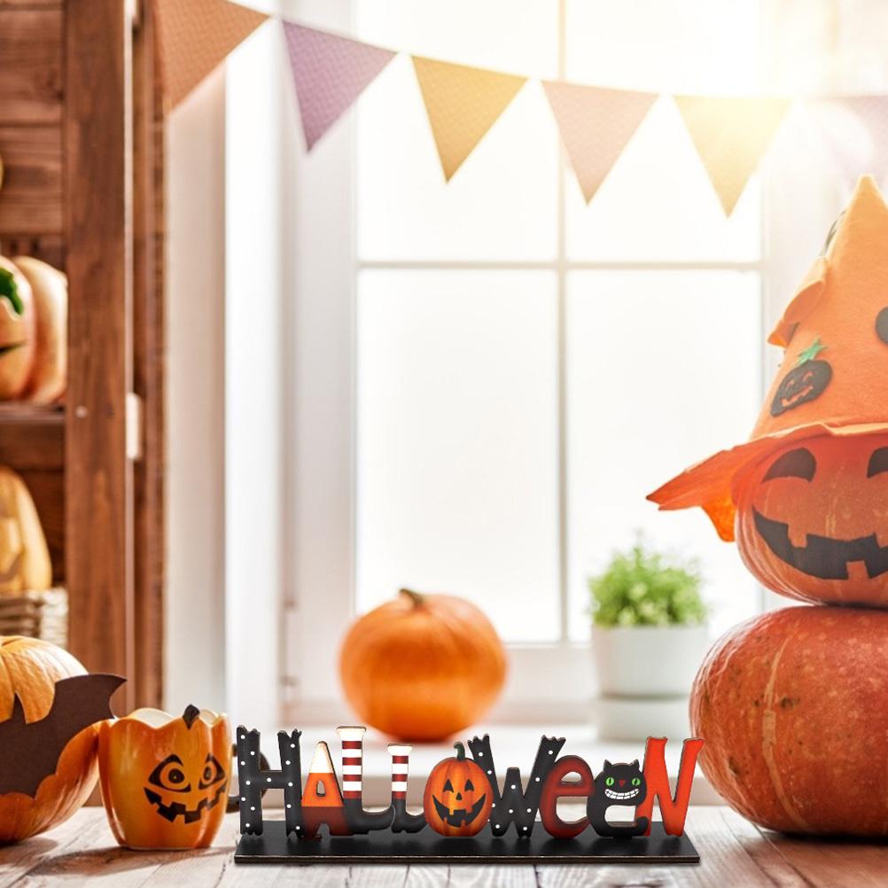 1Pcs Wooden Hollow-Out Adornment Halloween Letters Design Decor for Home Party Scene Layout Creative Desktop Ornament
