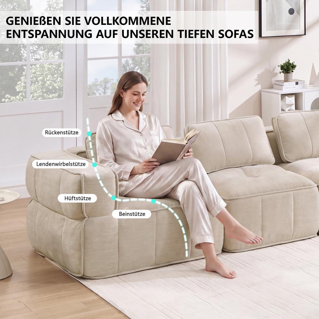 Modern Two-Seater Sofa, Modular Corner Sofa without Frame, 32D High-Density Foam, Deep Seat, Soft and Comfortable Cover, No Assembly Required, Beige.