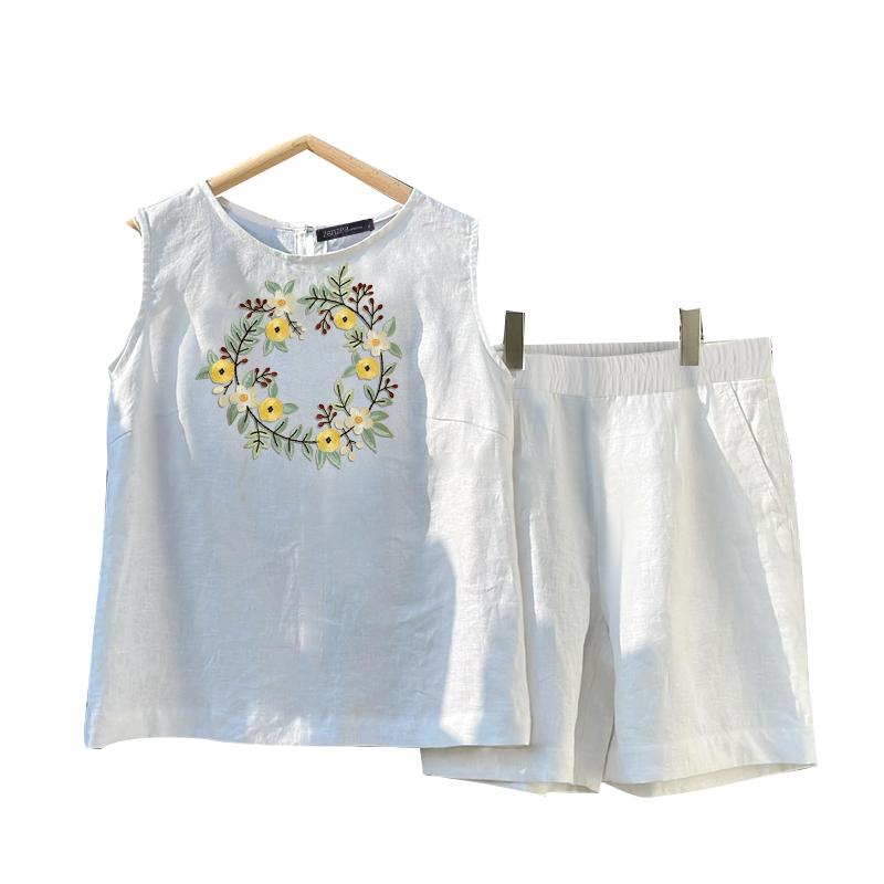 

ZANZEA Women Casual Embroidery Floral Tank Tops and Shorts Summer Two Piece Suit Sets S белый